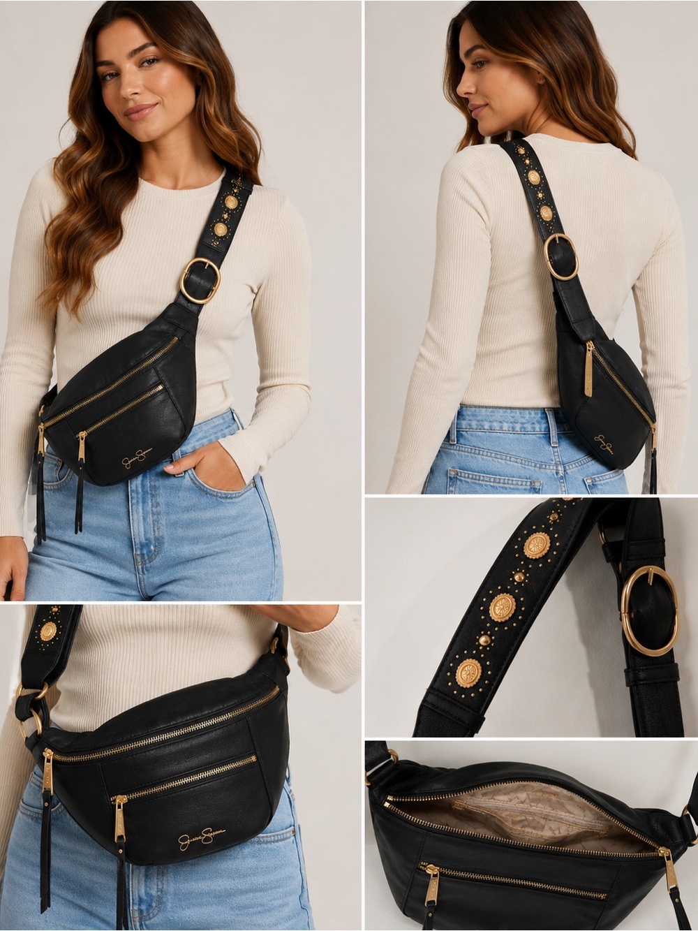 Jessica Simpson Black Studded Leather Crossbody Belt Bag with Gold Hardware